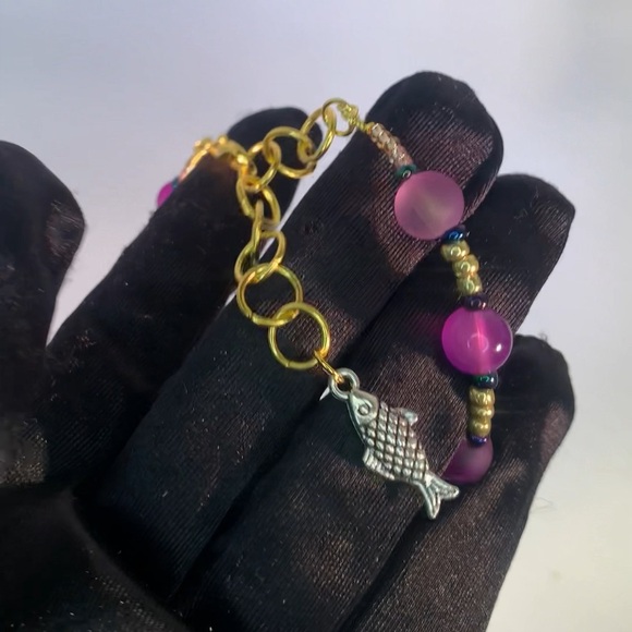 PLUM TIDES — Designer Purple Gold Glass Bead & Copper Bracelet with Fish Charm - Picture 6 of 6